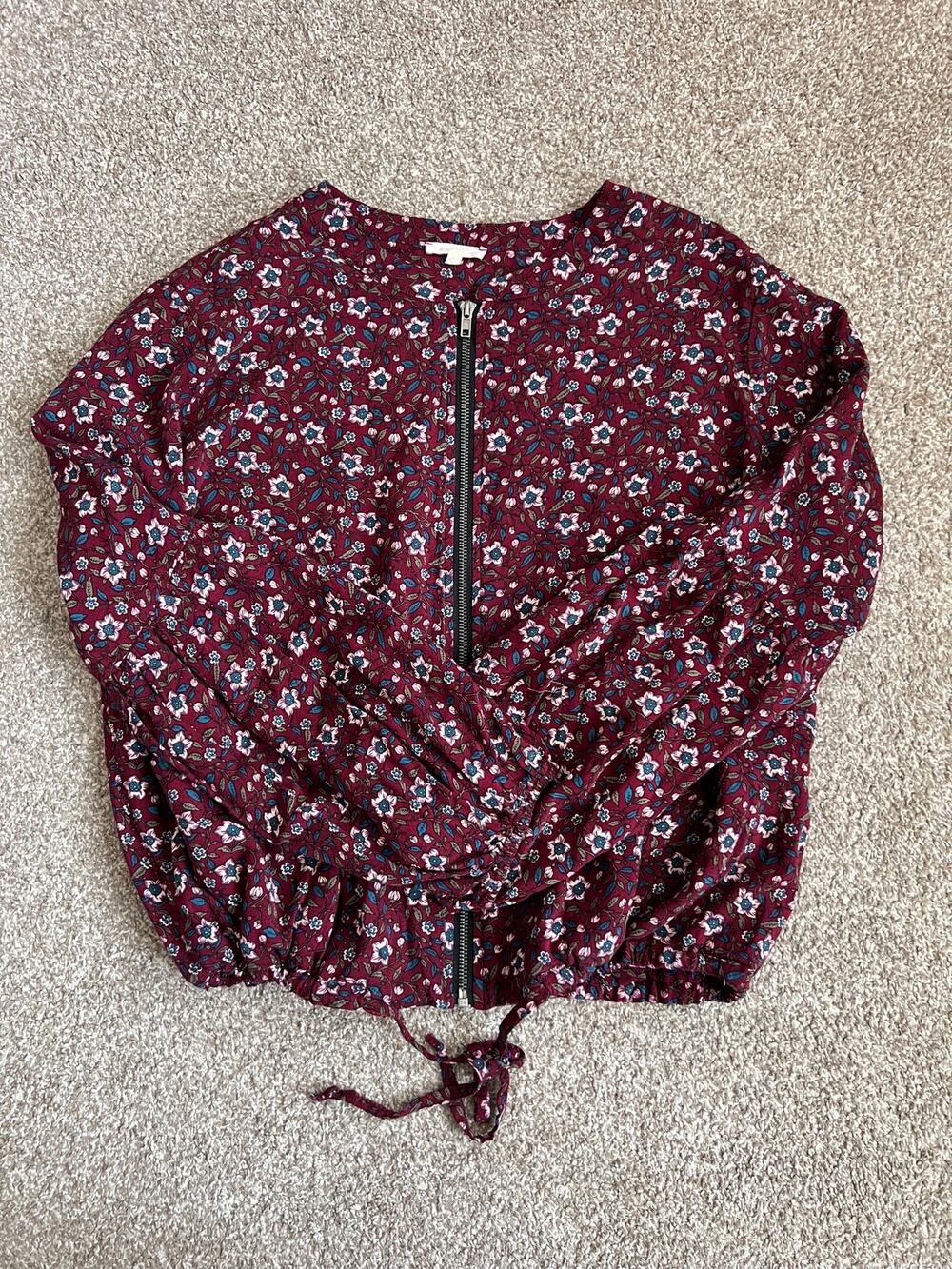 Mystree Floral Zip Up Bomber Jacket Blouse Womens Large L Maroon Cottagecore